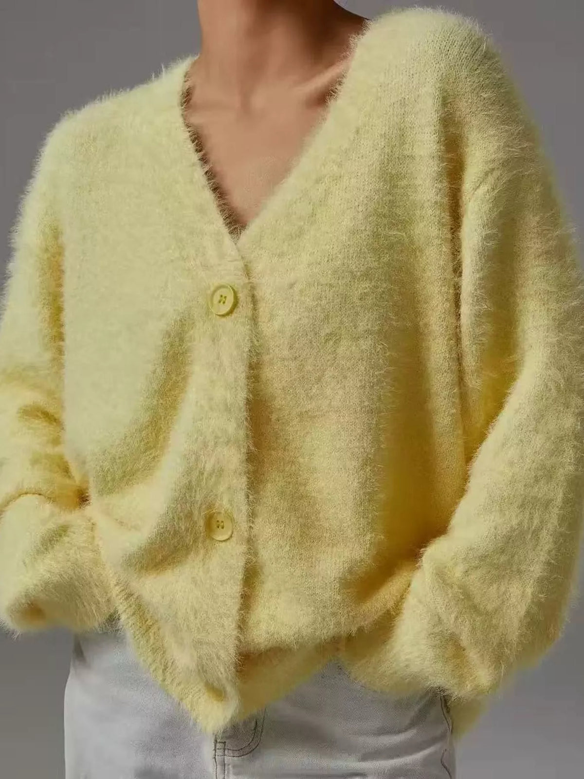 Fuzzy V-Neck Button-Down Cardigan - Yellow - View 22