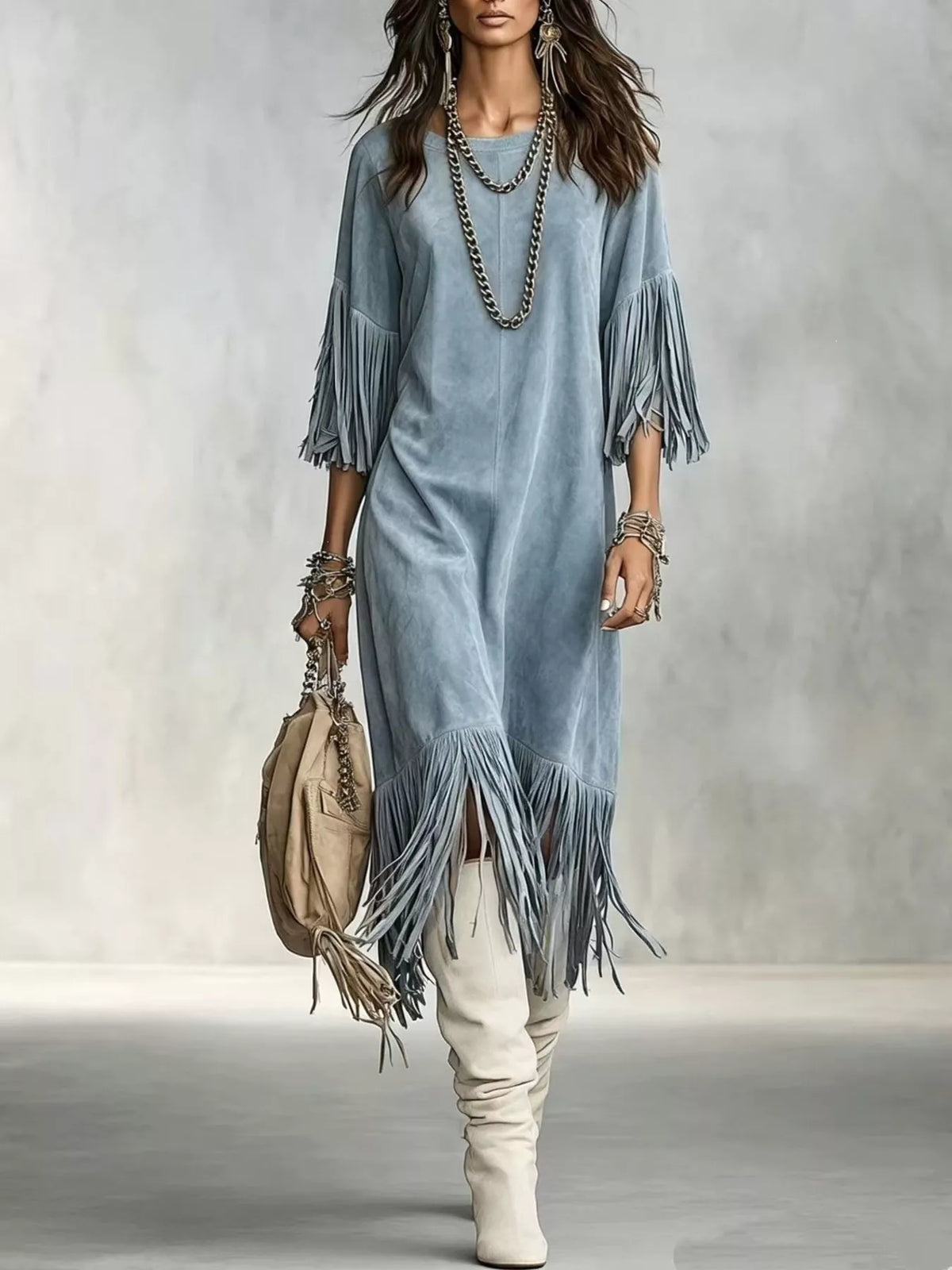 Fringed Round Neck Midi Dress - Blue - View 1