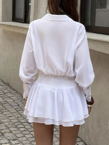Ruched Waist Layered Ruffle Hem Shirt Dress - White - View 5