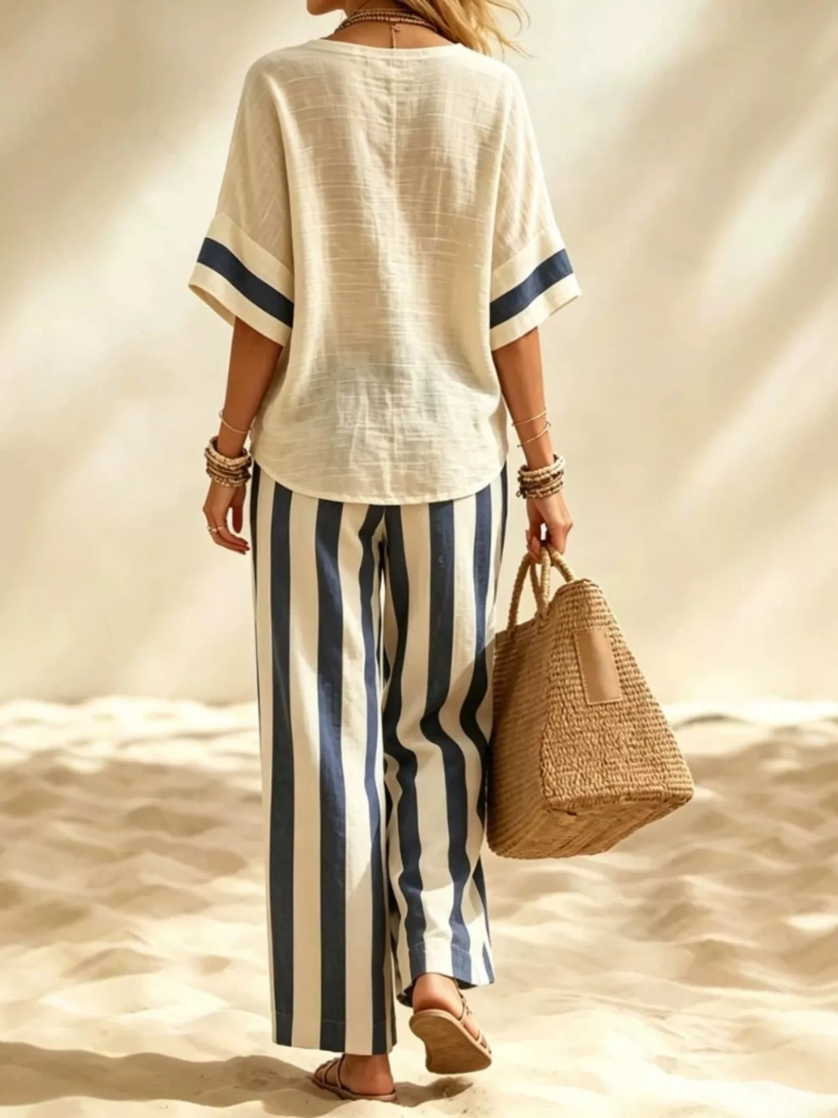 Full Size Striped Half Sleeve Top and Pants Set Plus Size - Dark Blue - View 3