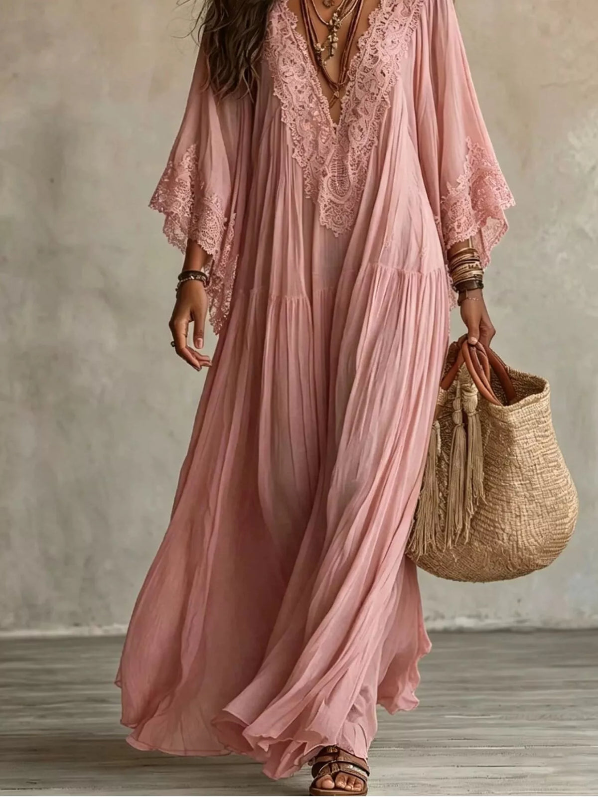 Lace Trim V-Neck Maxi Dress - Dusty Pink - View 3