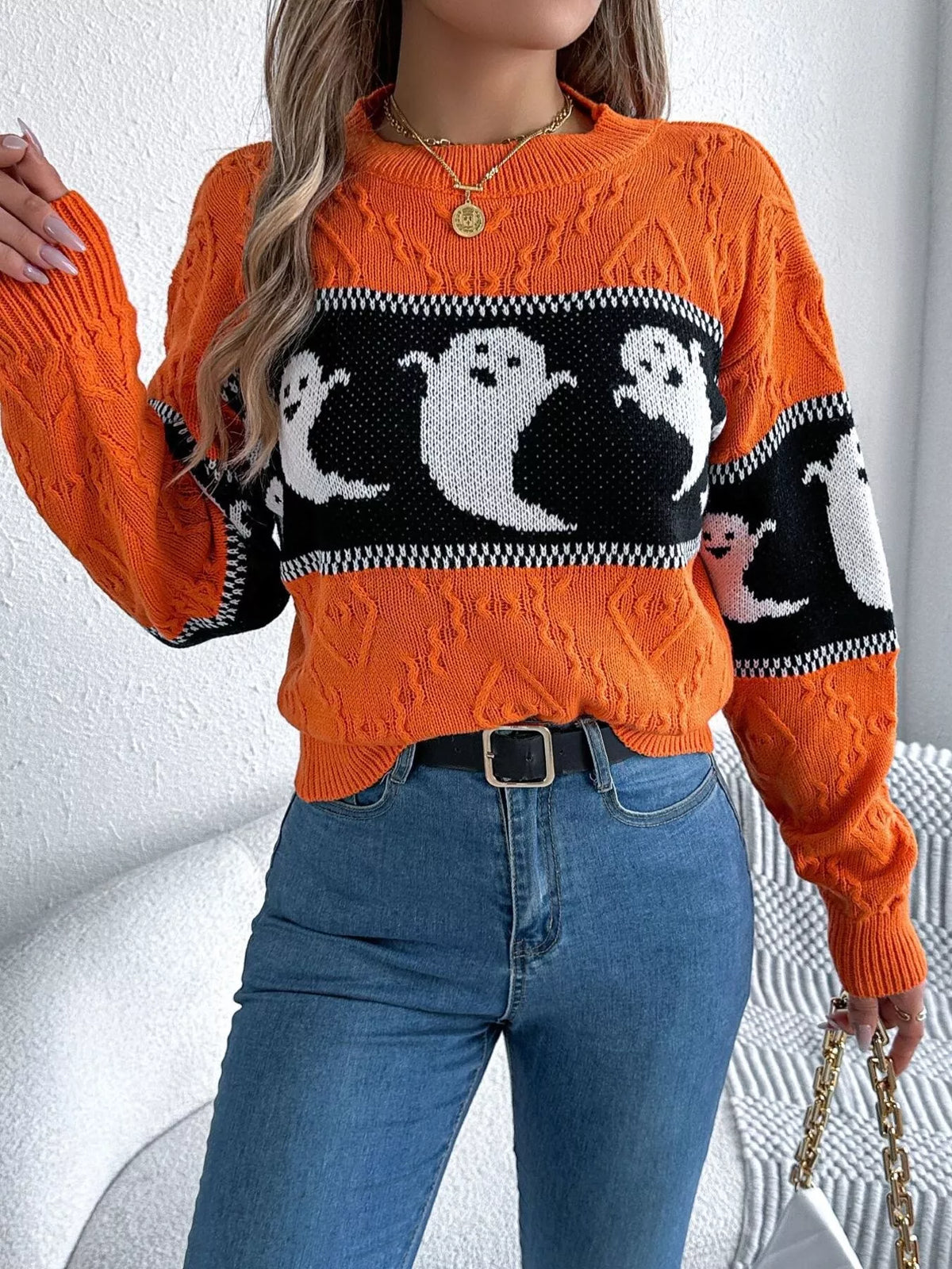 Halloween Ghost Pattern Textured Sweater - Orange - View 6