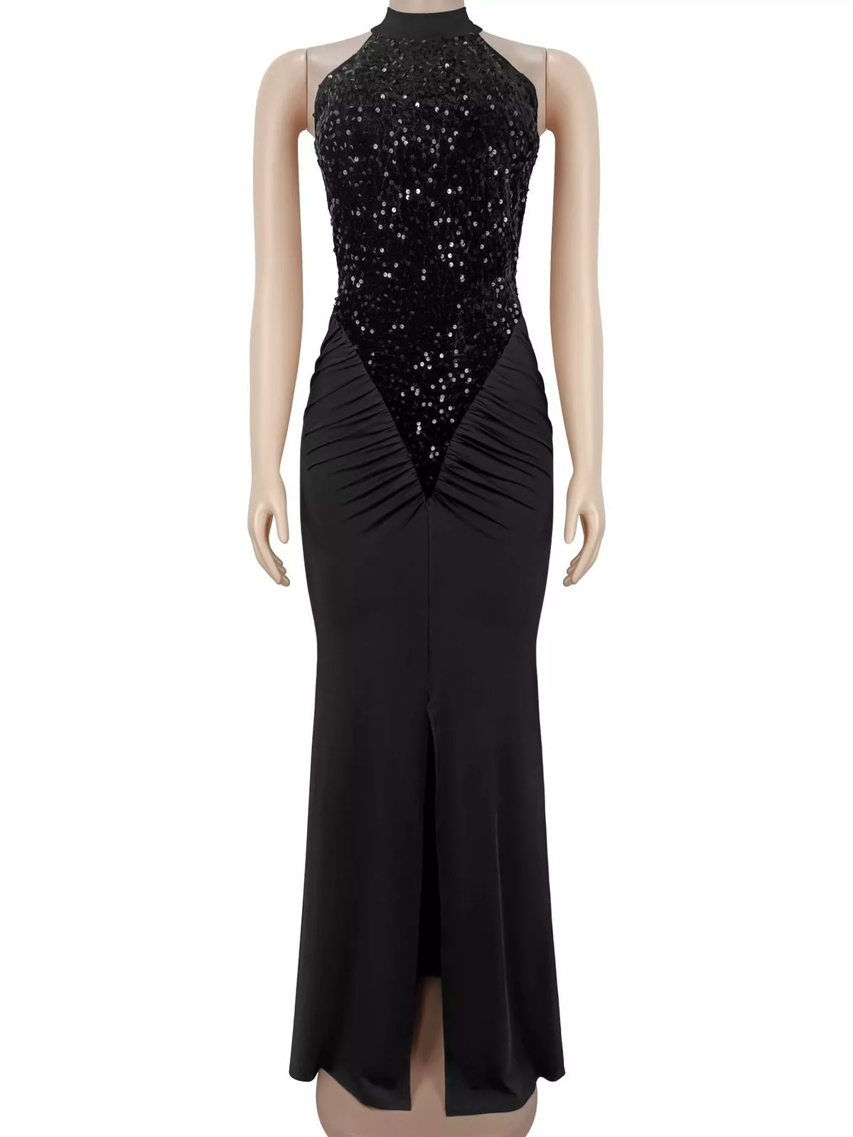 Sequin High Slit Sleeveless Maxi Dress - Black - View 3