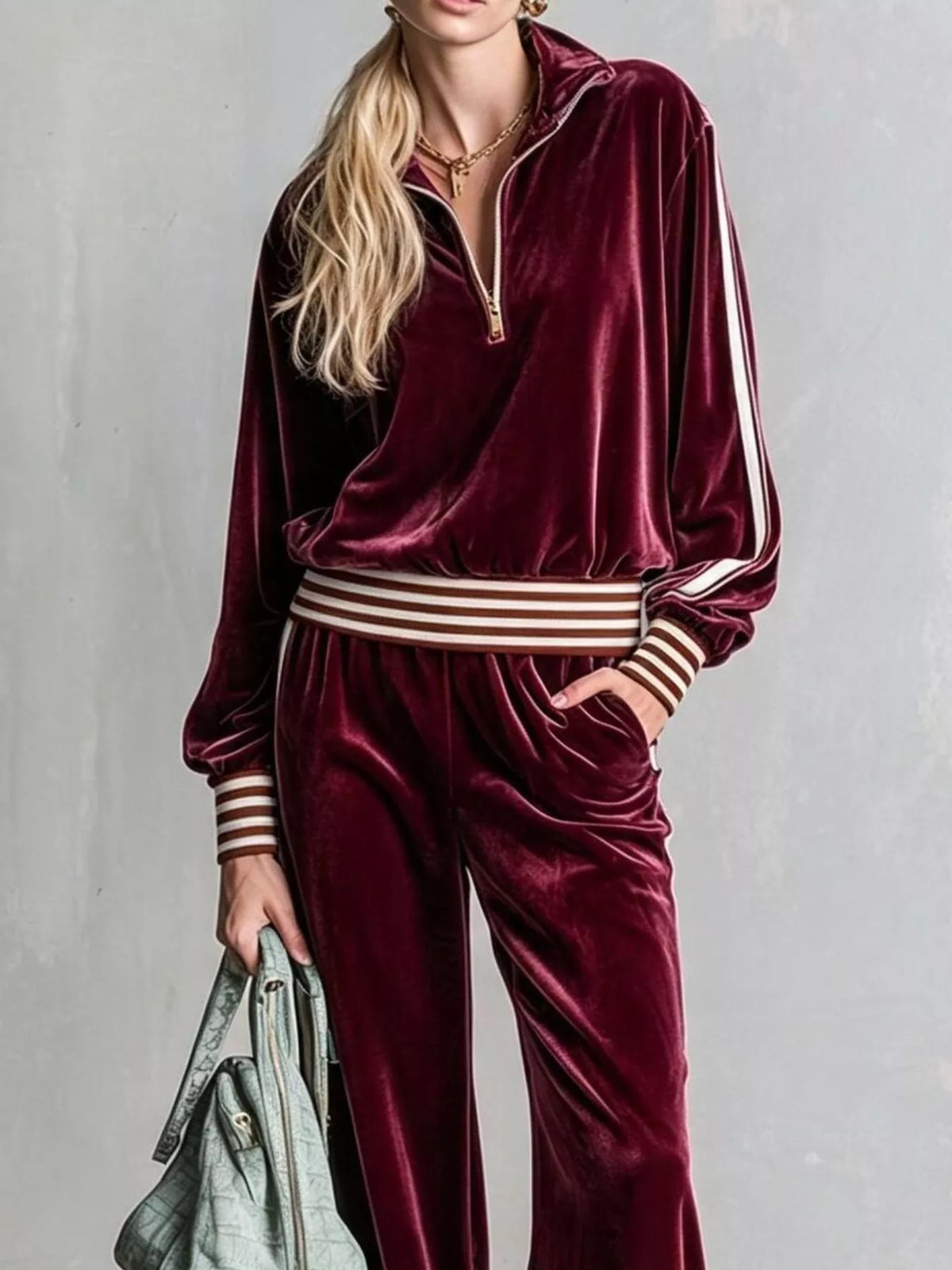 Striped Half Zip Top and Pants Set - Burgundy - View 3