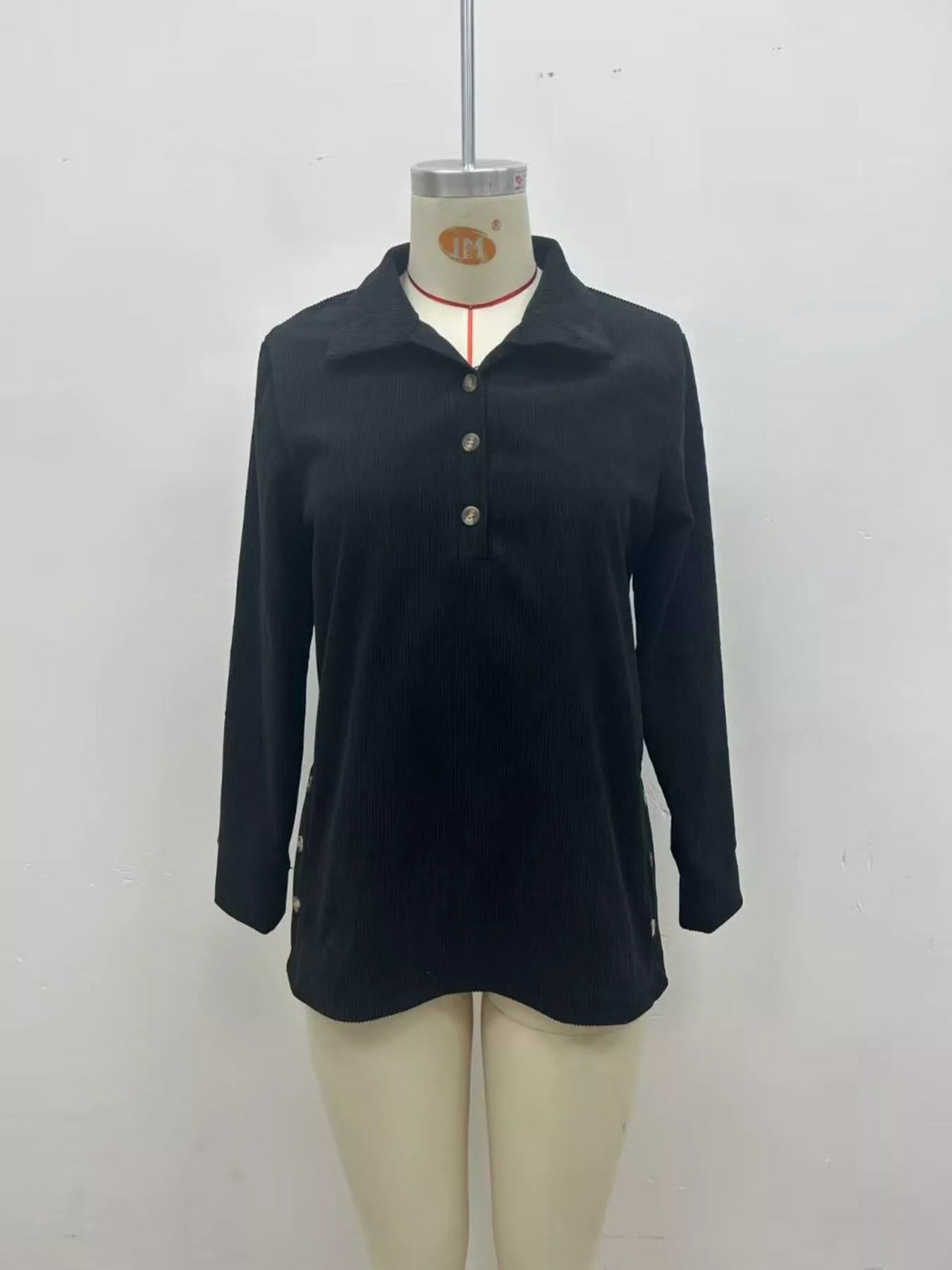 Full Size Button Detail Long Sleeve Top Plus Size - Black - View 2