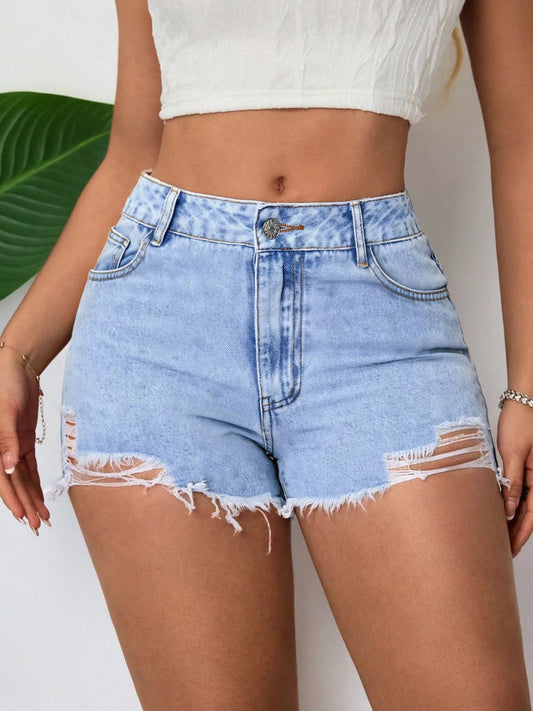 Distressed Raw Hem Denim Shorts - product photo 1
