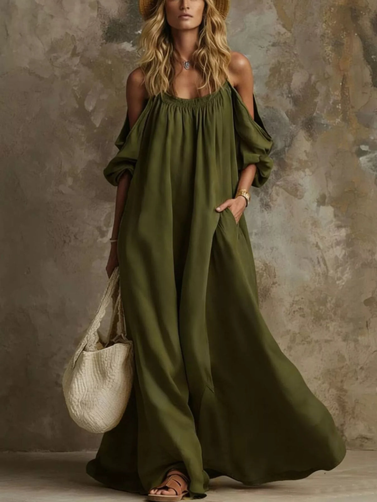 Full Size Cold-Shoulder Linen Maxi Dress Plus Size - Army Green - View 1