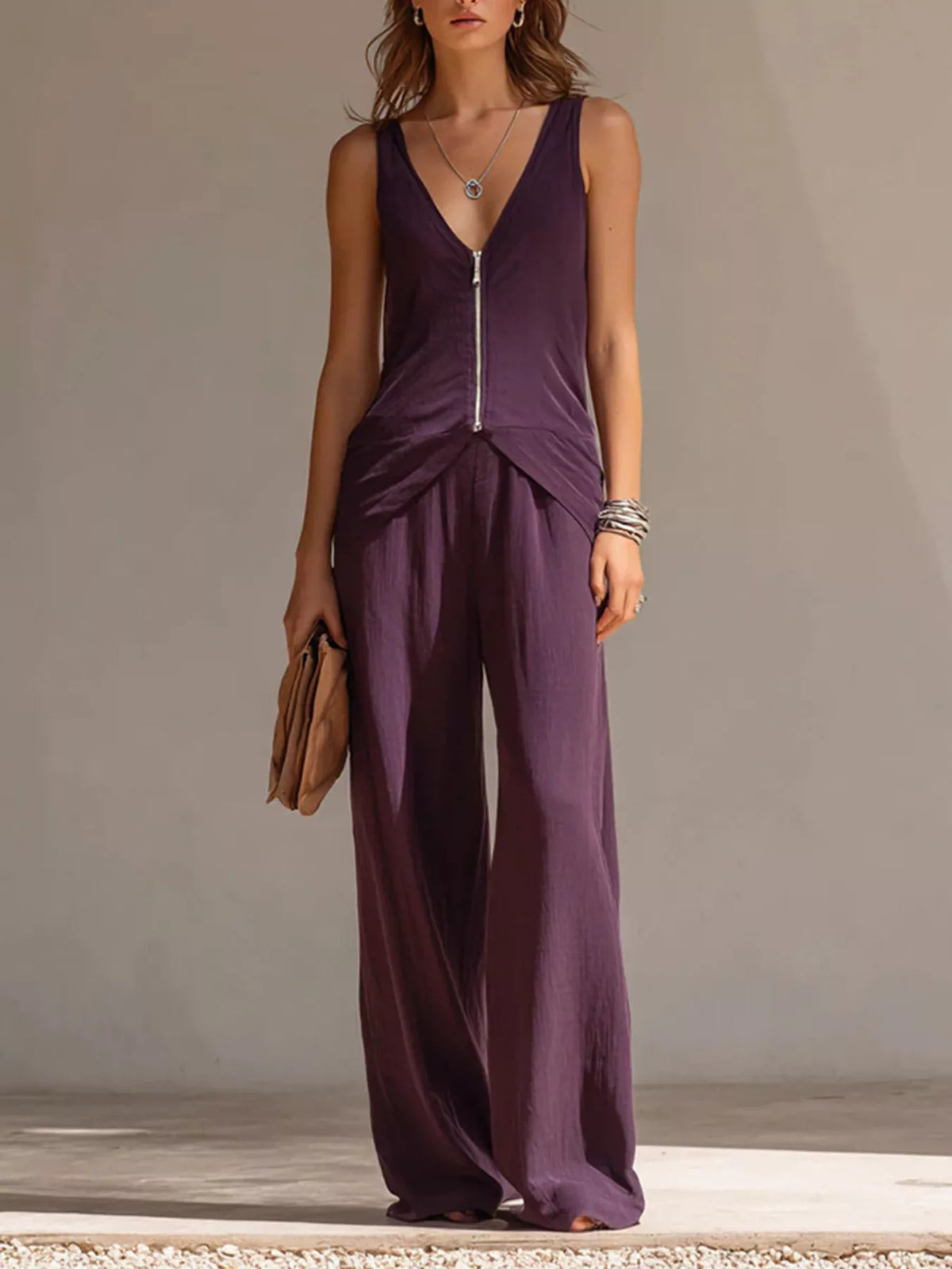 Full Size Zipper Front Tank and Wide-Leg Pants Set Plus Size - Purple - View 1