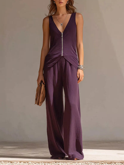 Full Size Zipper Front Tank and Wide-Leg Pants Set Plus Size - Purple - View 1