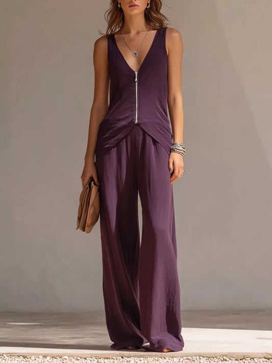 Full Size Zipper Front Tank and Wide-Leg Pants Set Plus Size - Purple - View 1