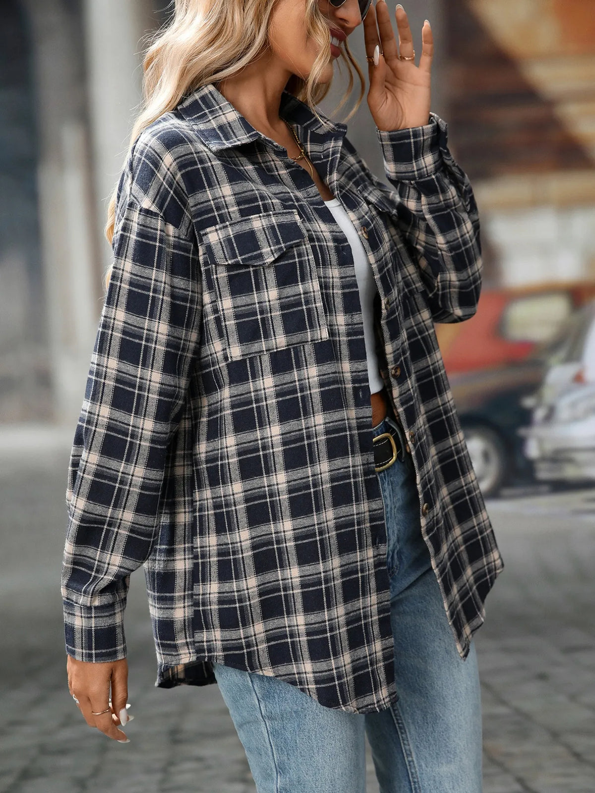 Plaid Button-Down Oversized Shirt - Navy Blue - View 15