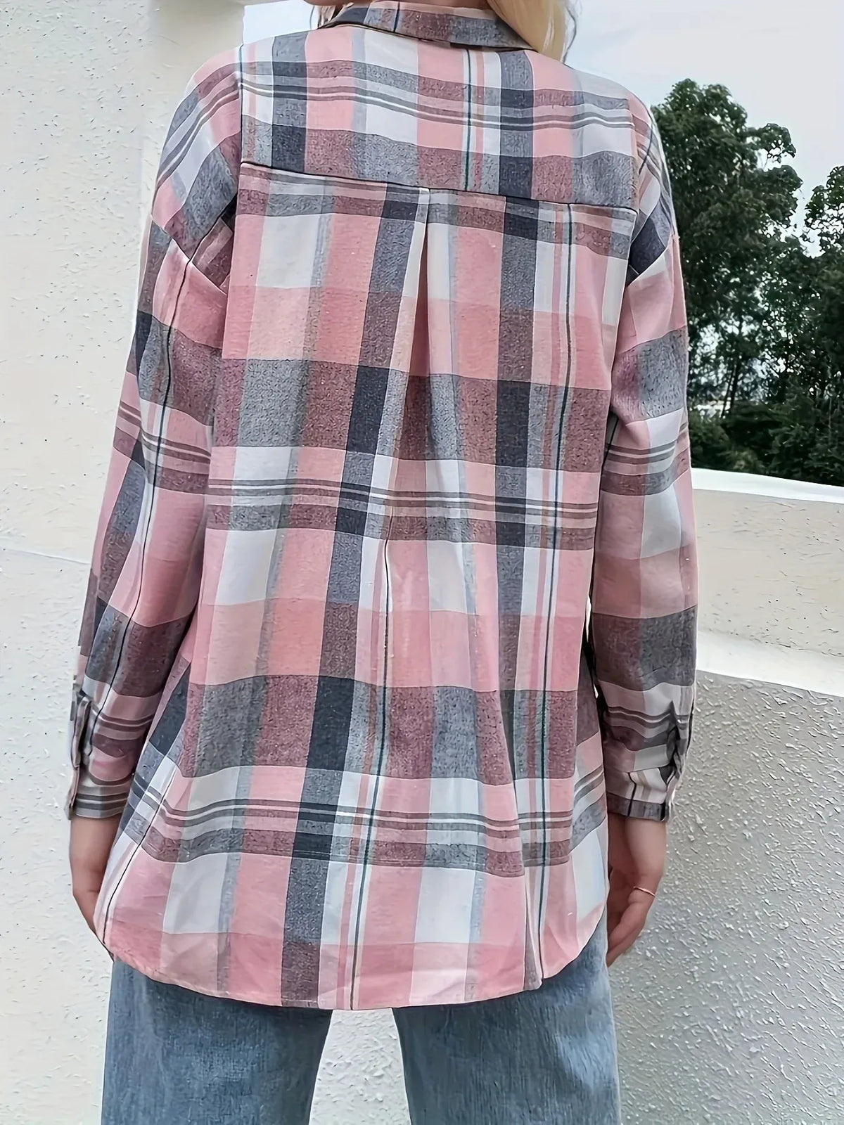 Plaid Button Up Long Sleeve Shirt - Pink - View 4