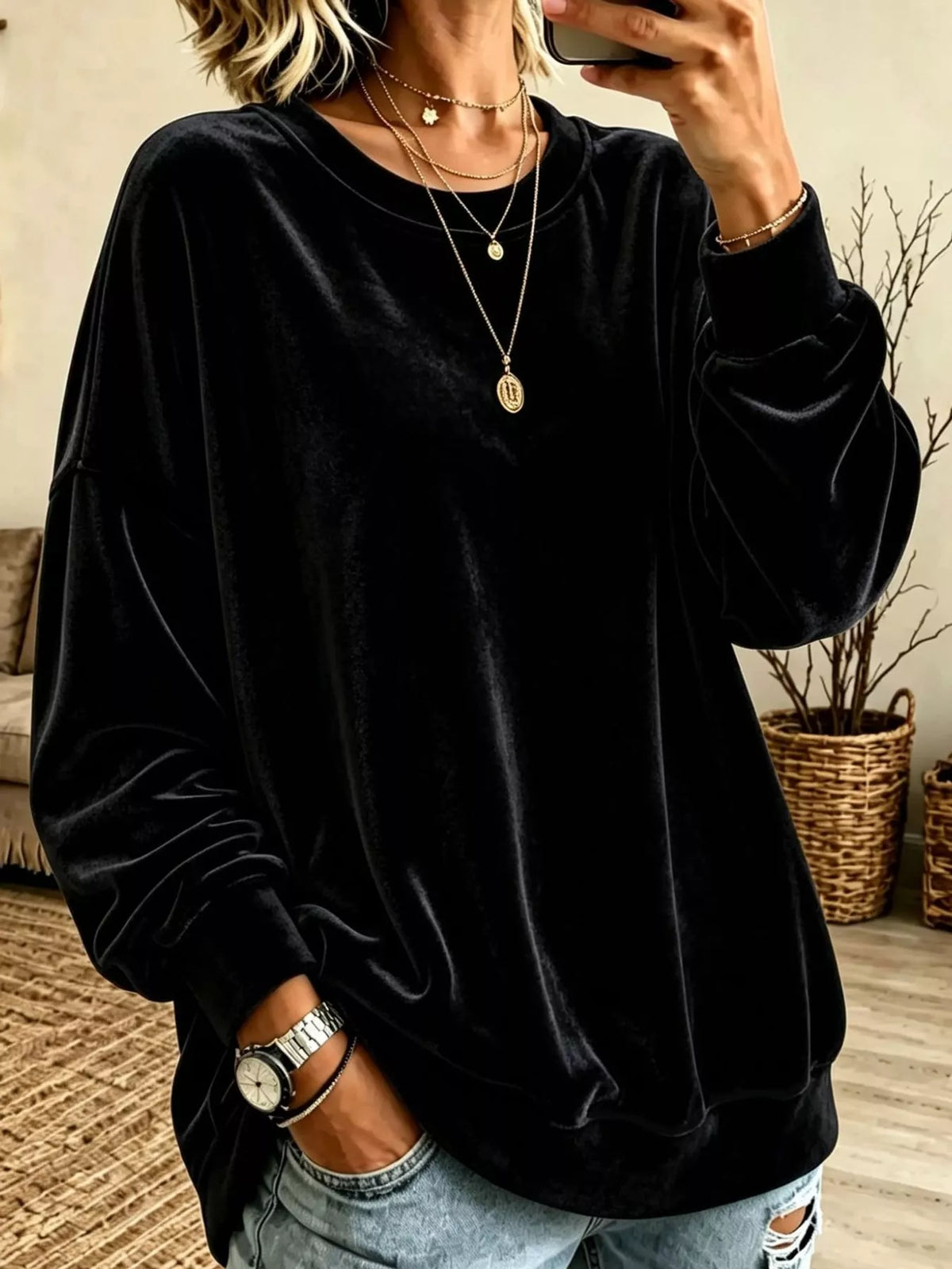 Full Size Crew Neck Drop Shoulder Sweatshirt Plus Size - Black - View 4