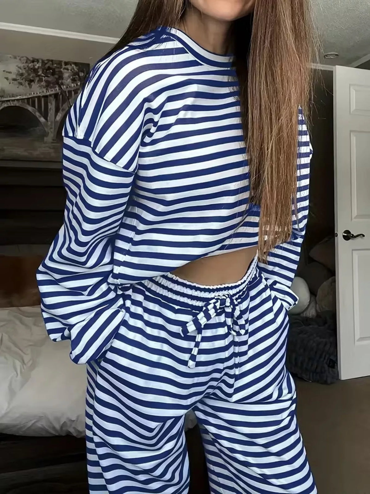 Striped Long Sleeve Top and Pants Set - Blue - View 1
