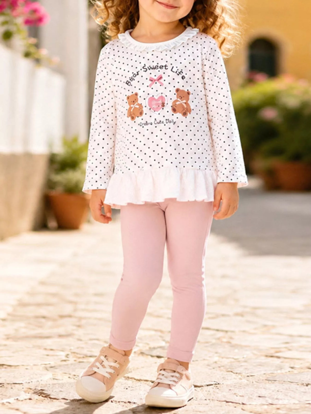 Children's Polka Dot Bear Long-Sleeve Top and Leggings Set - White - View 1