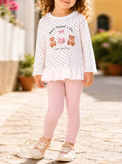 Children's Polka Dot Bear Long-Sleeve Top and Leggings Set - White - View 1
