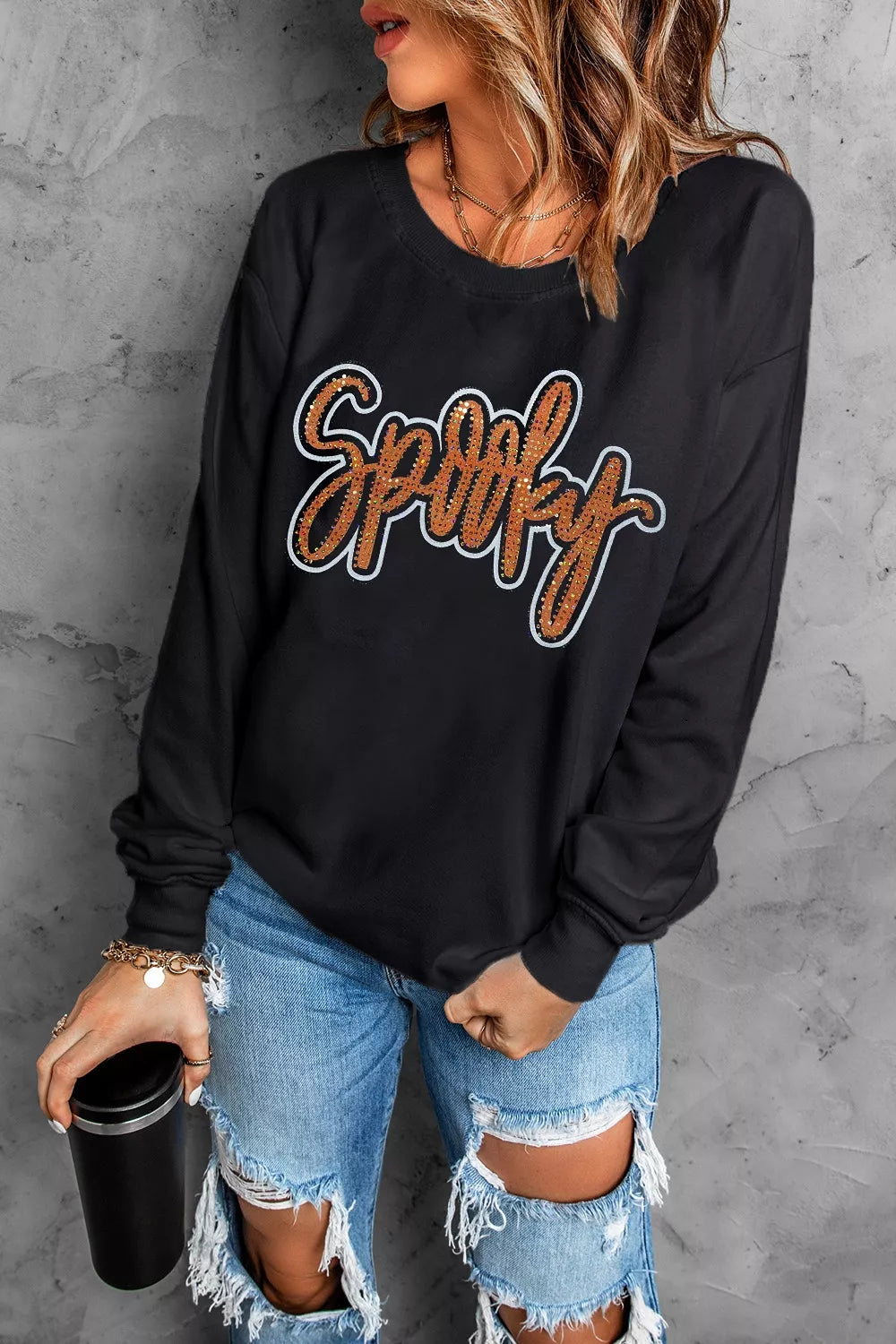 Spooky Rhinestone Drop Shoulder Sweatshirt - Black - View 6