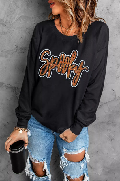 Spooky Rhinestone Drop Shoulder Sweatshirt - Black - View 6