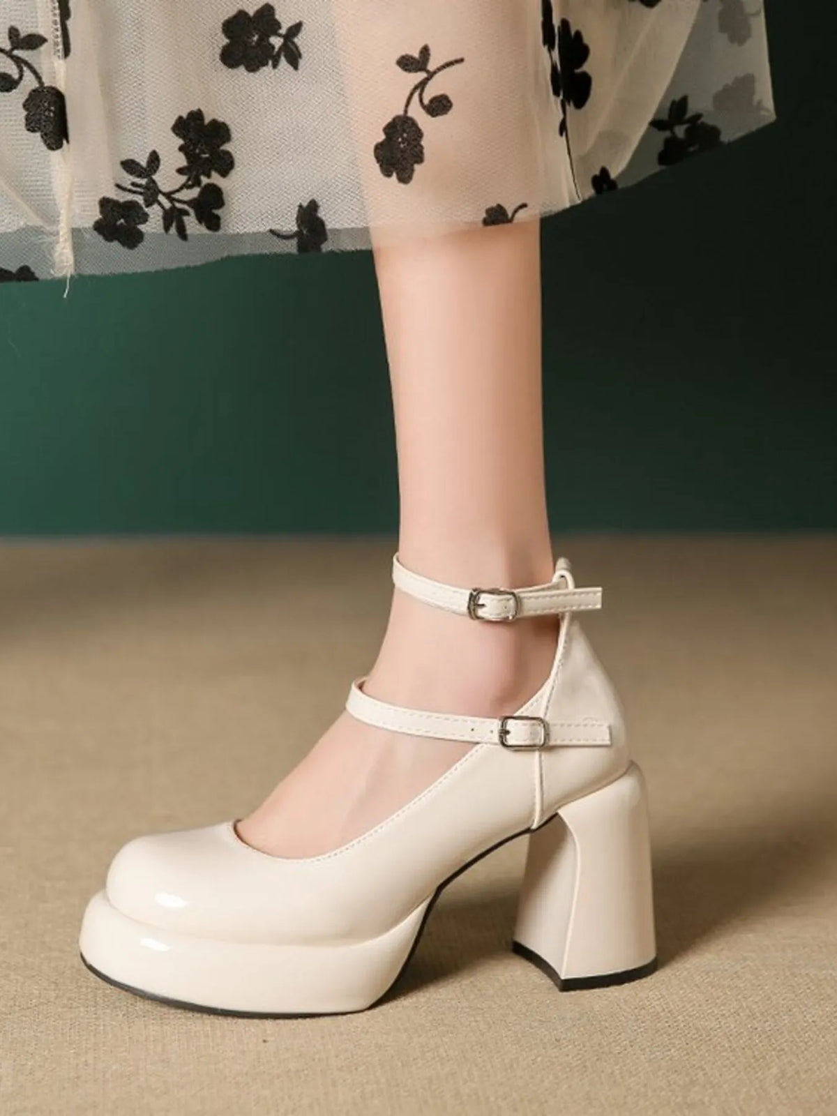 Patent Leather Mary Jane Platform Pumps - Cream - View 19