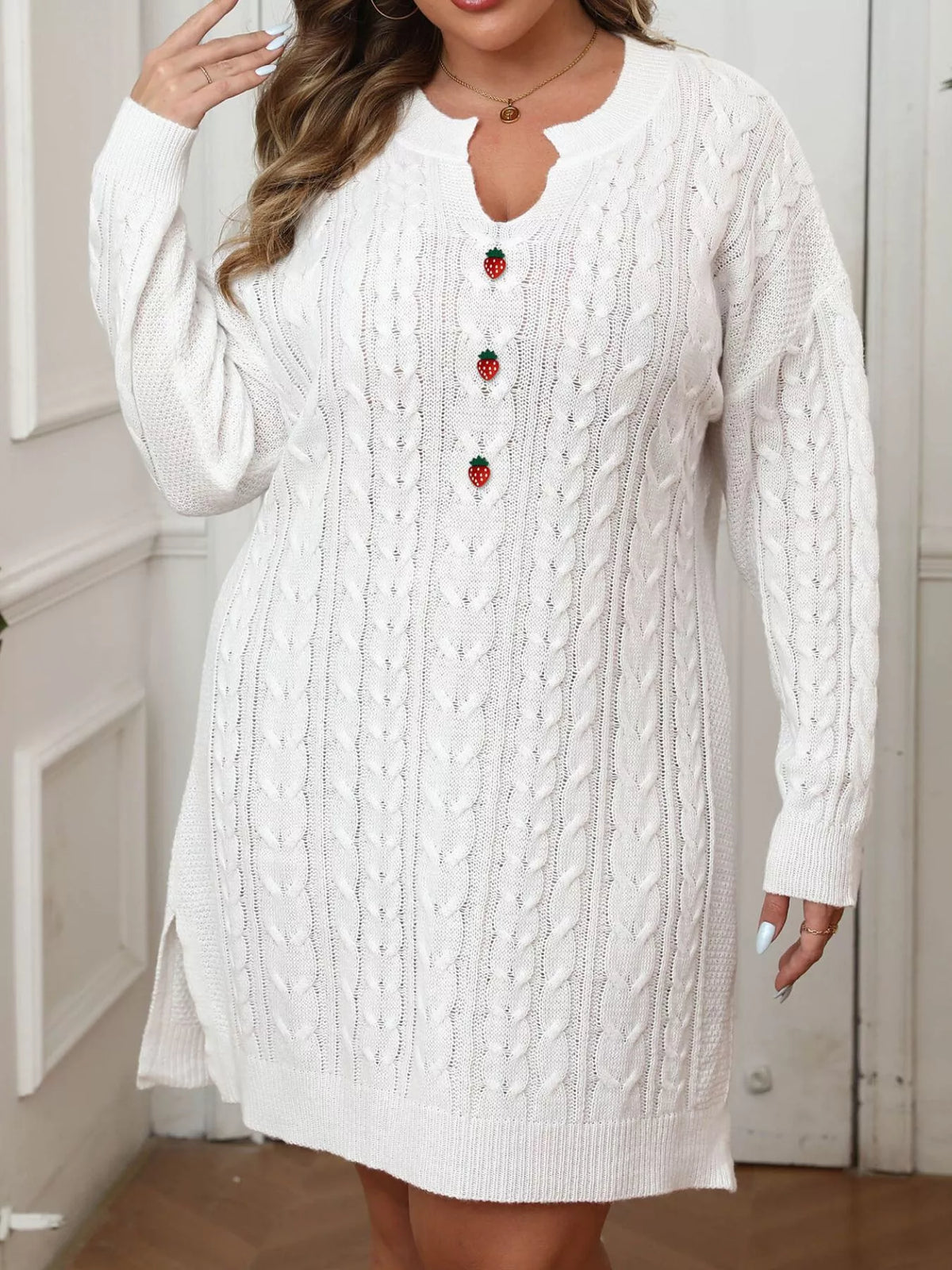 Plus Size Strawberry Cable Knit Sweater Dress - White - View 3