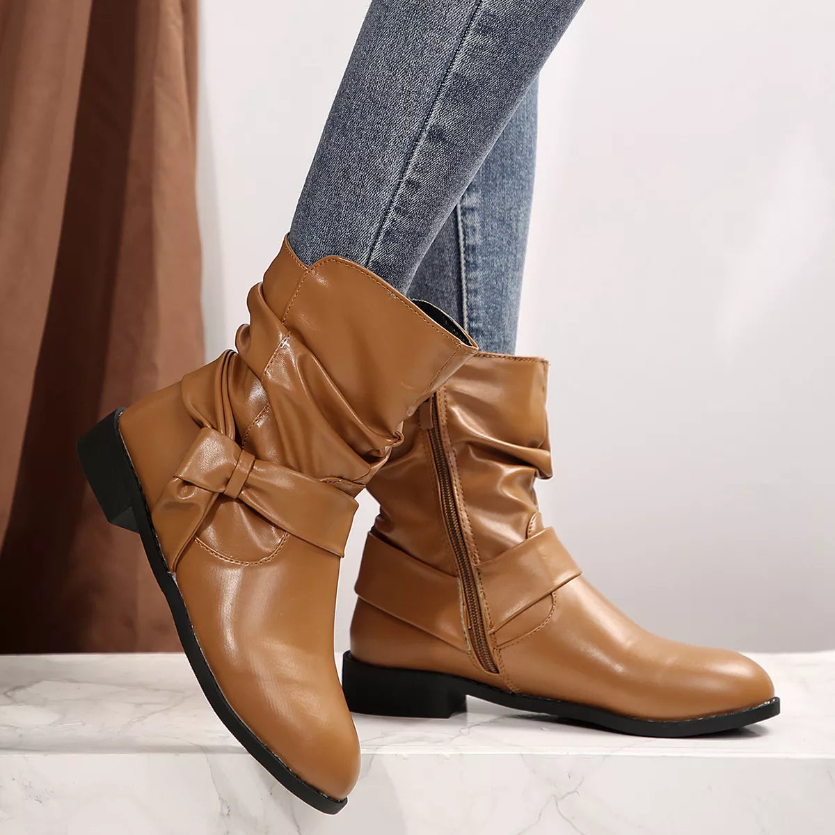 Round Toe Low Heel Boots - Brown - View 10
