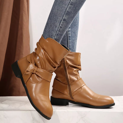 Round Toe Low Heel Boots - Brown - View 10