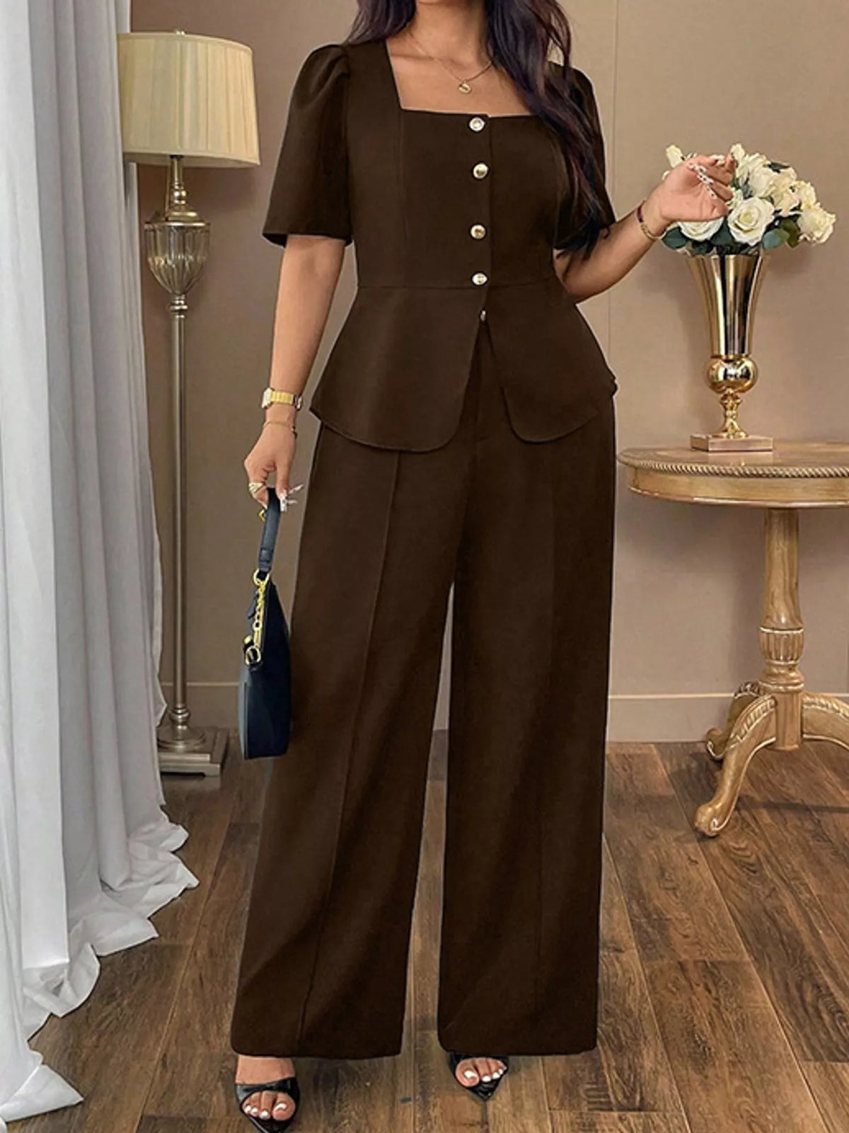 Plus Size Peplum Top and Wide-Leg Pants Two-Piece Set - Brown - View 16