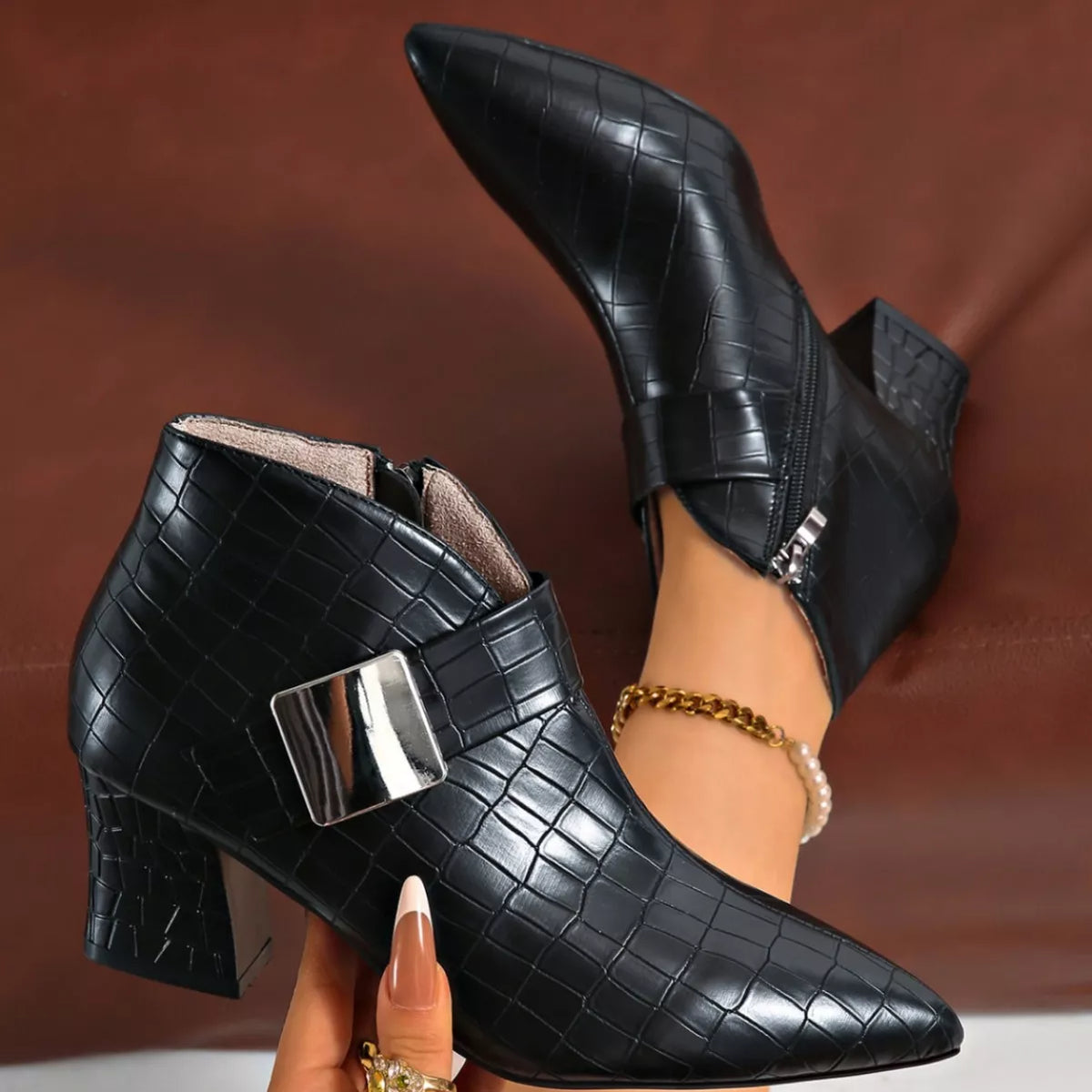 Point Toe Block Heels Boots - Black - View 4
