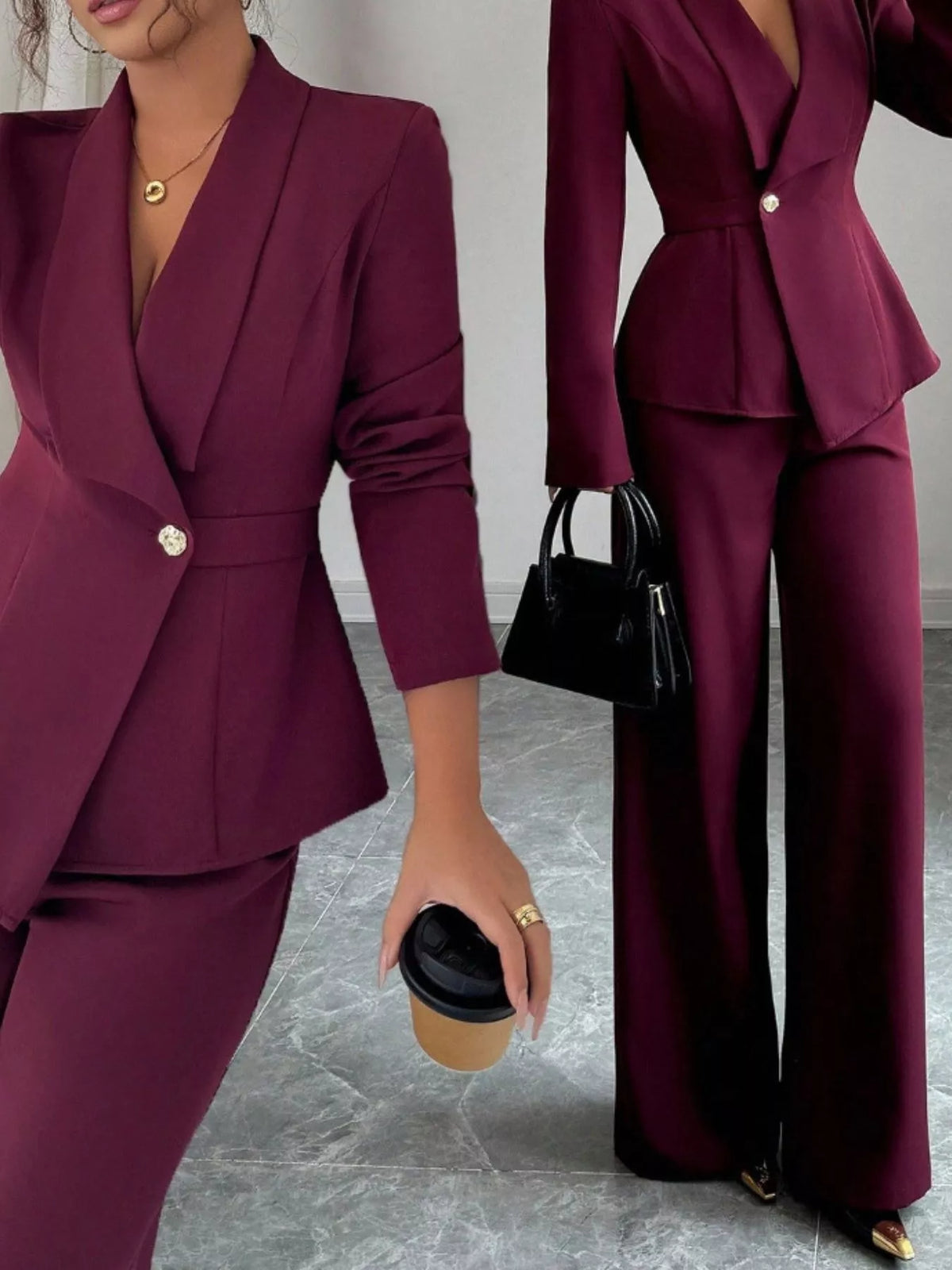 One Button Blazer and Pants Set - Burgundy - View 34