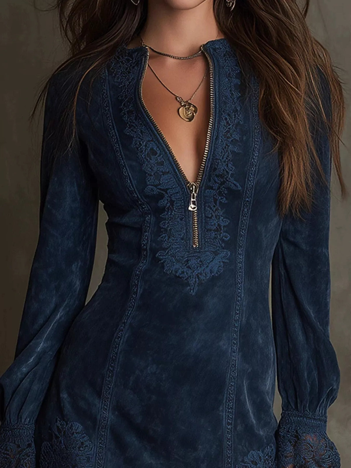 Full Size Zip-Front Long Sleeve Mini Dress Plus Size - Navy Blue - View 2