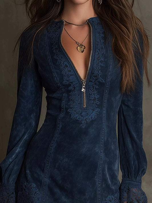 Full Size Zip-Front Long Sleeve Mini Dress Plus Size - Navy Blue - View 2