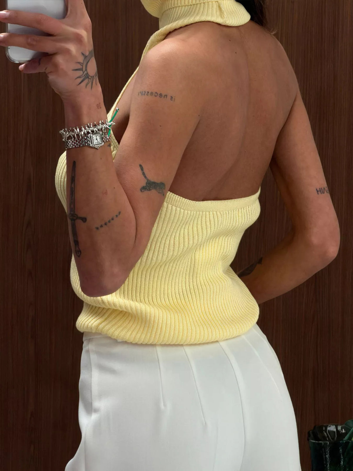 Halter Neck Sweater Tank - Pastel Yellow - View 2