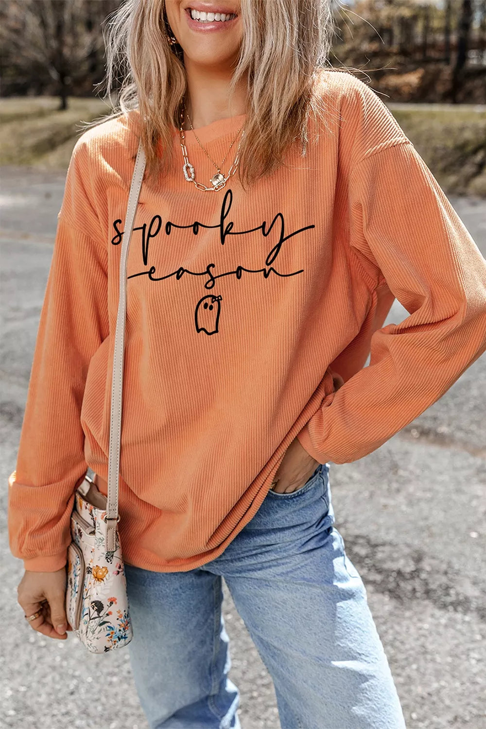 Spooky Season Ghost Letter Cozy Ribbed Pullover Sweatshirt - Sherbet - View 1