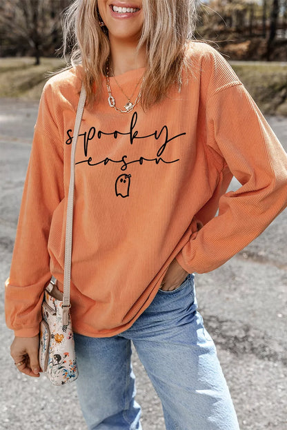 Spooky Season Ghost Letter Cozy Ribbed Pullover Sweatshirt - Sherbet - View 1
