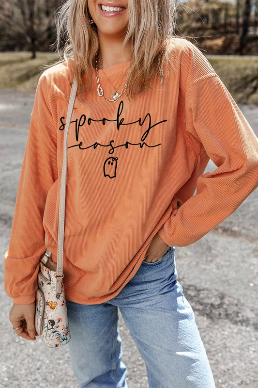 Spooky Season Ghost Letter Cozy Ribbed Pullover Sweatshirt - Sherbet - View 1