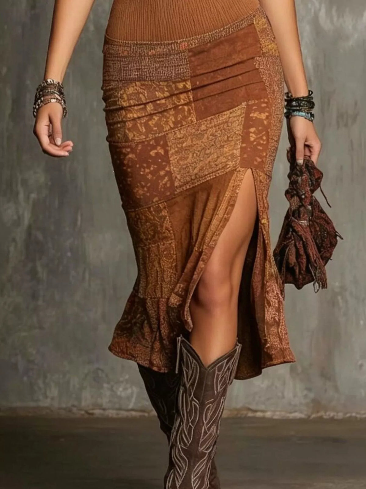 Slit Printed Sleeveless Midi Dress - Caramel - View 3