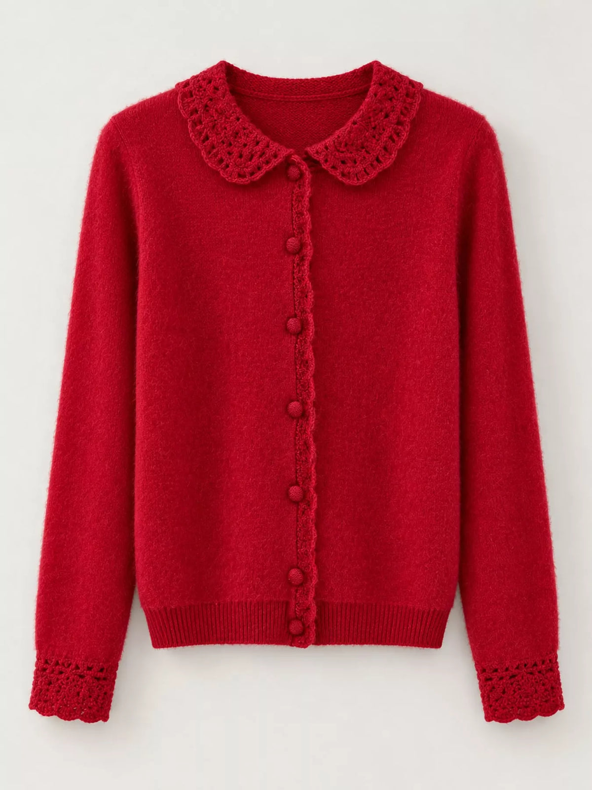 Lace-Collar Button Down Knit Cardigan - Cherry Red - View 32