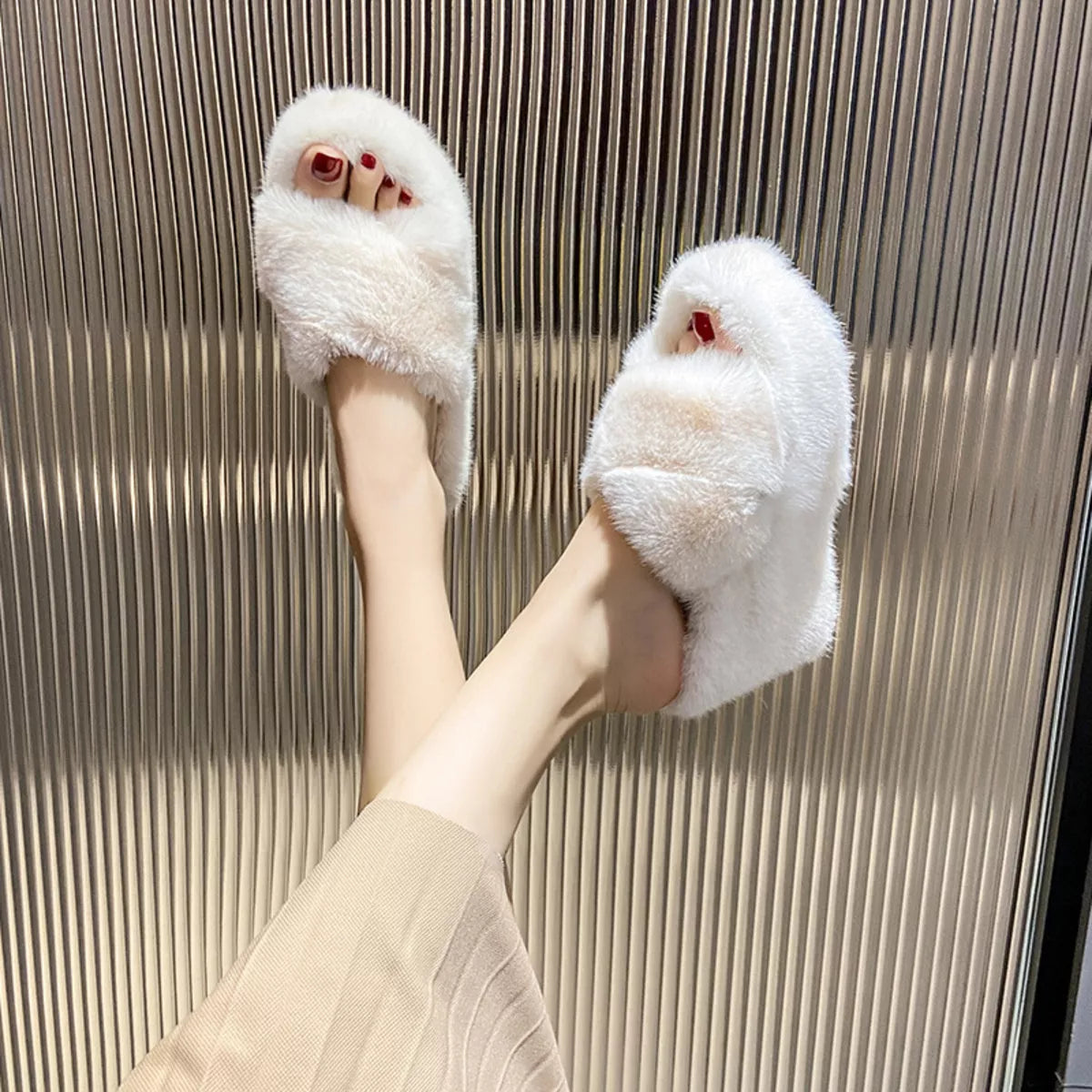 Fluffy Wedge Slippers - White - View 7