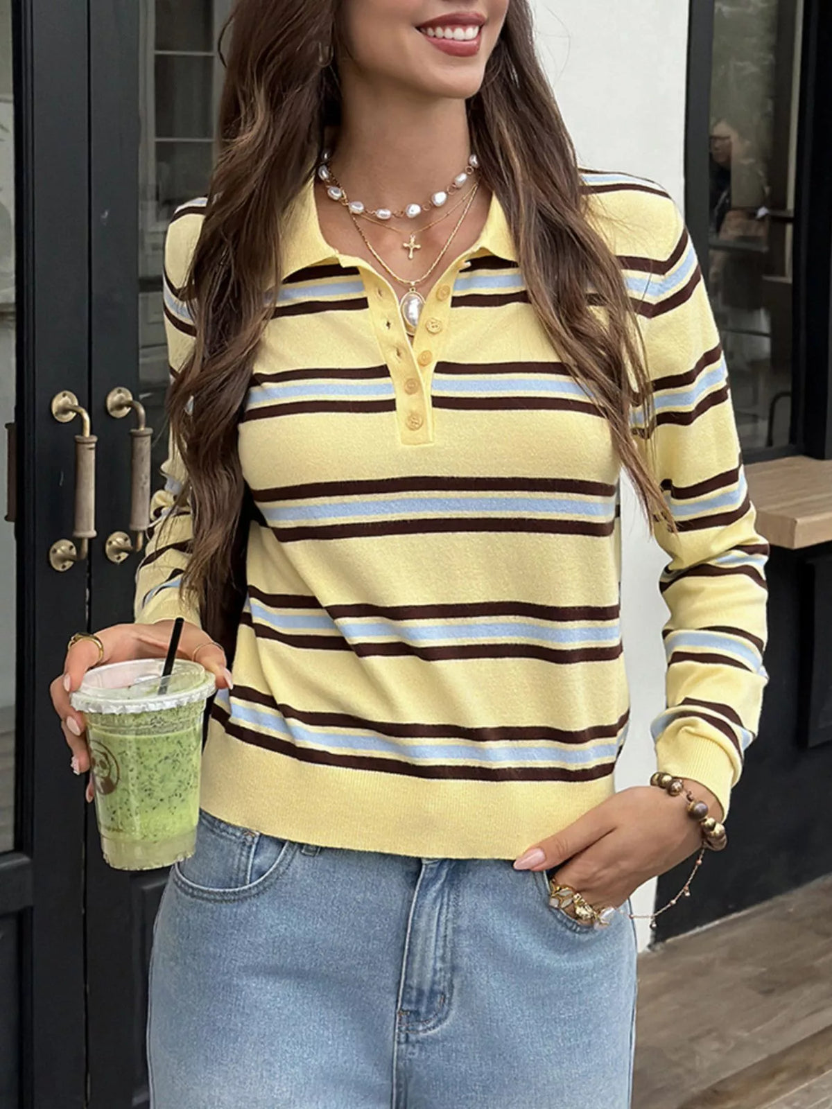 Striped Polo Collar Knit Top - Colorful Stripes - View 4