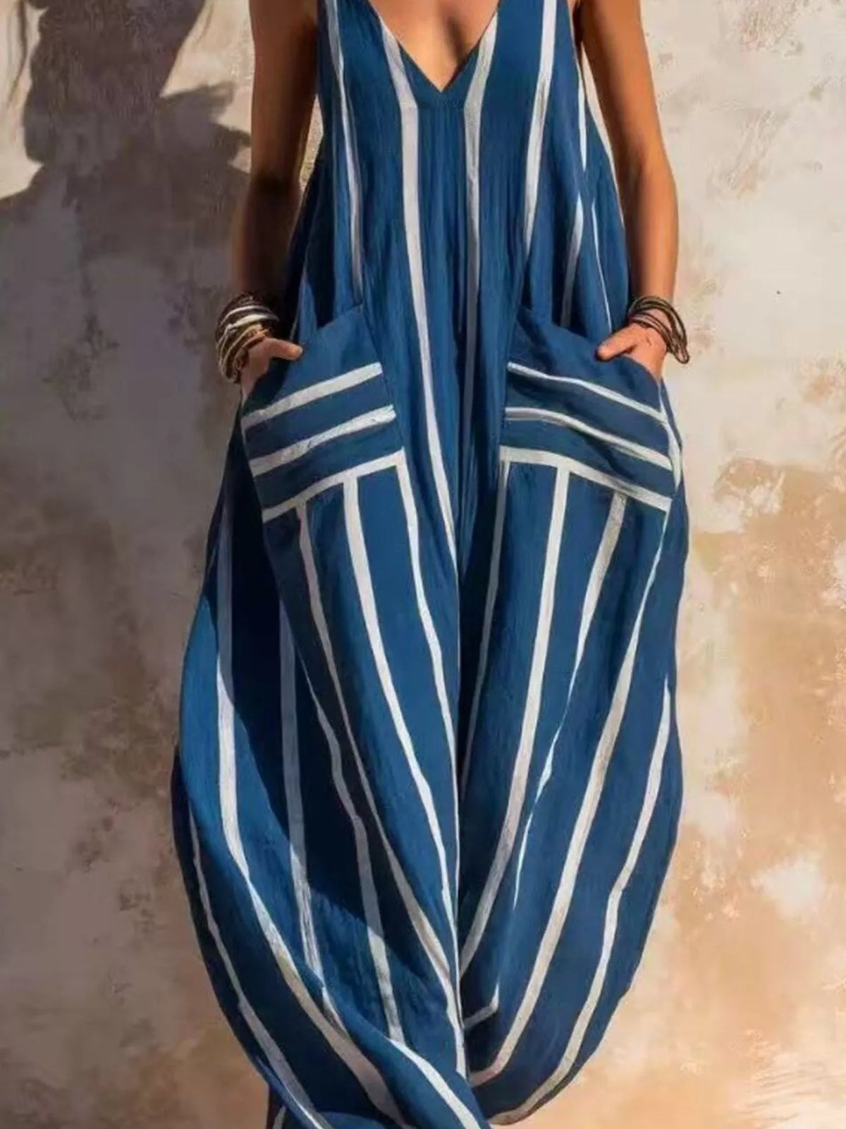 Striped V-Neck Sleeveless Wide-Leg Jumpsuit - Dusty Blue - View 3