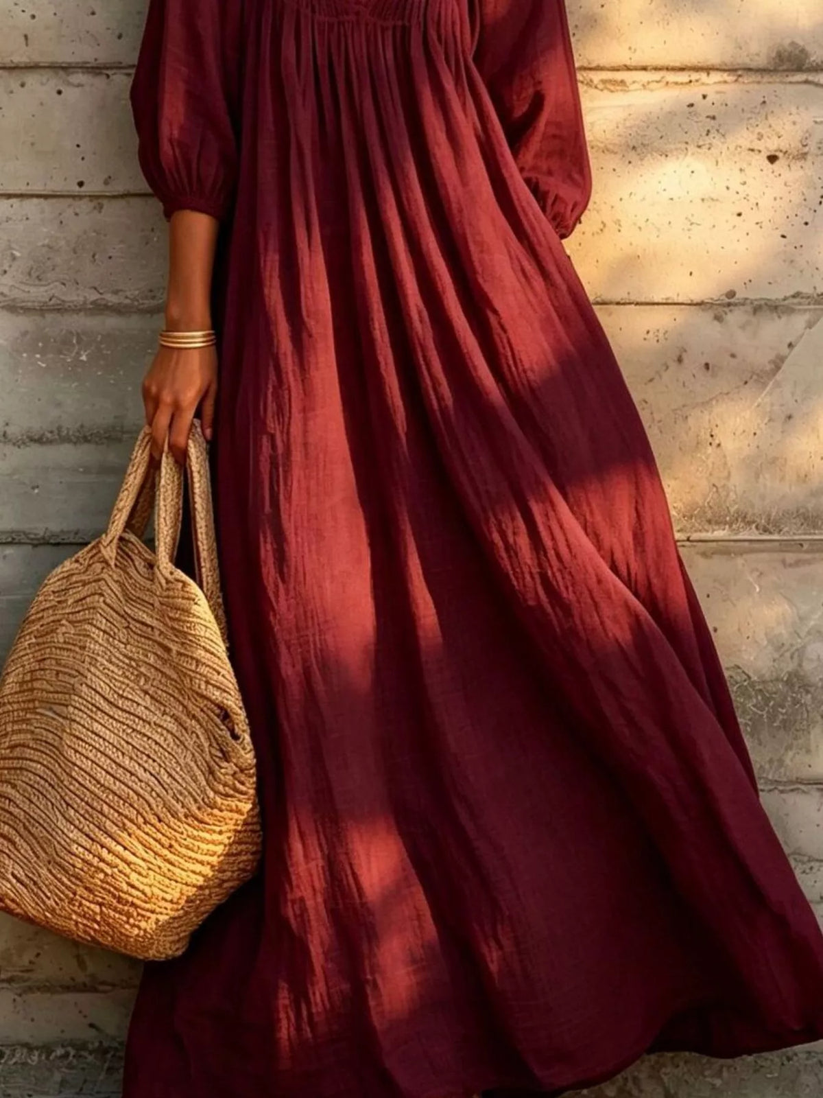 Tiered Notched 3/4 Sleeve Maxi Dress - Burgundy - View 3