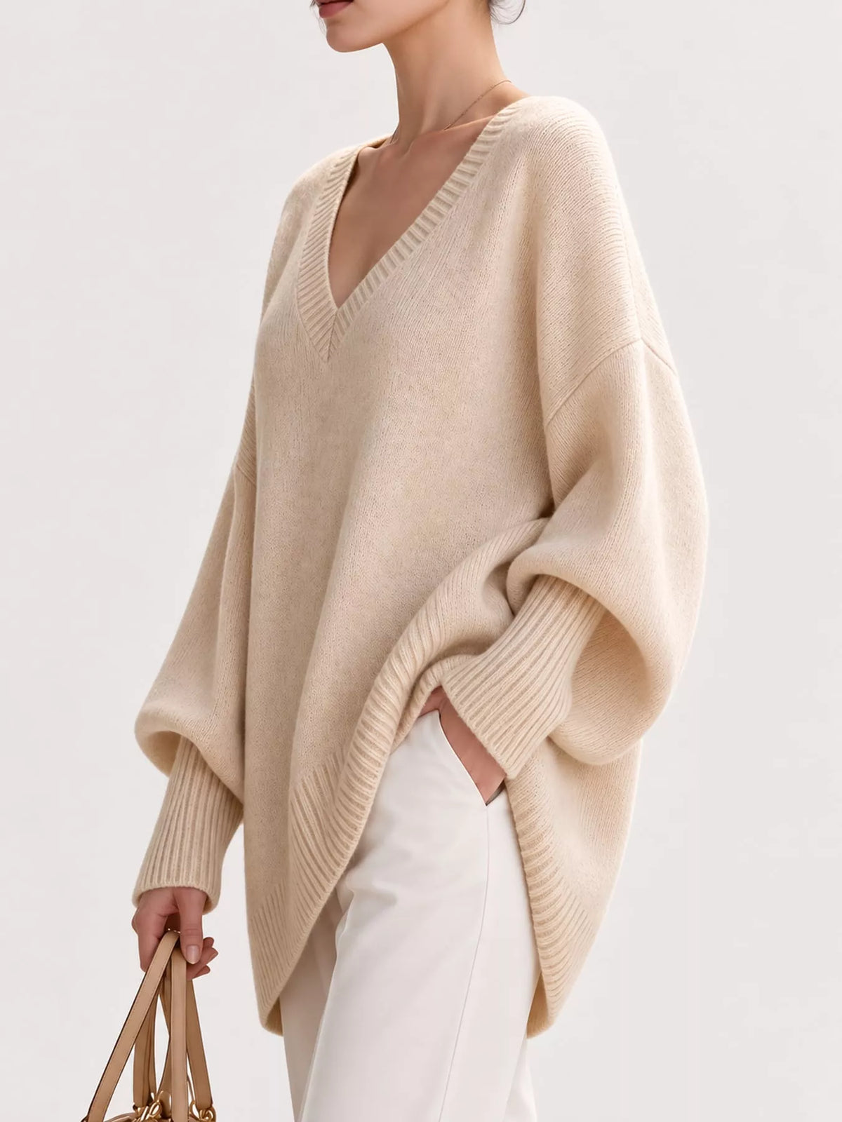 Full Size V-Neck Oversized Batwing Sleeve Sweater Plus Size - Apricot - View 12