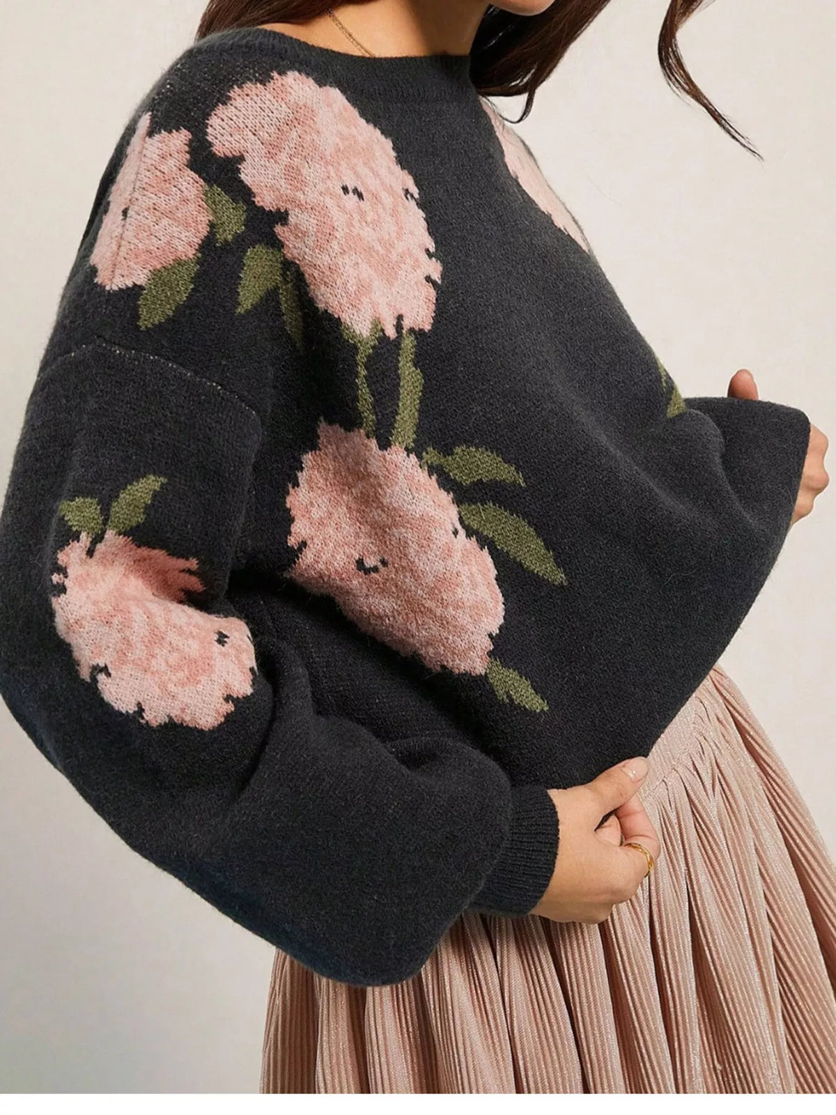 Floral Pattern Dropped Shoulder Sweater - Black - View 4