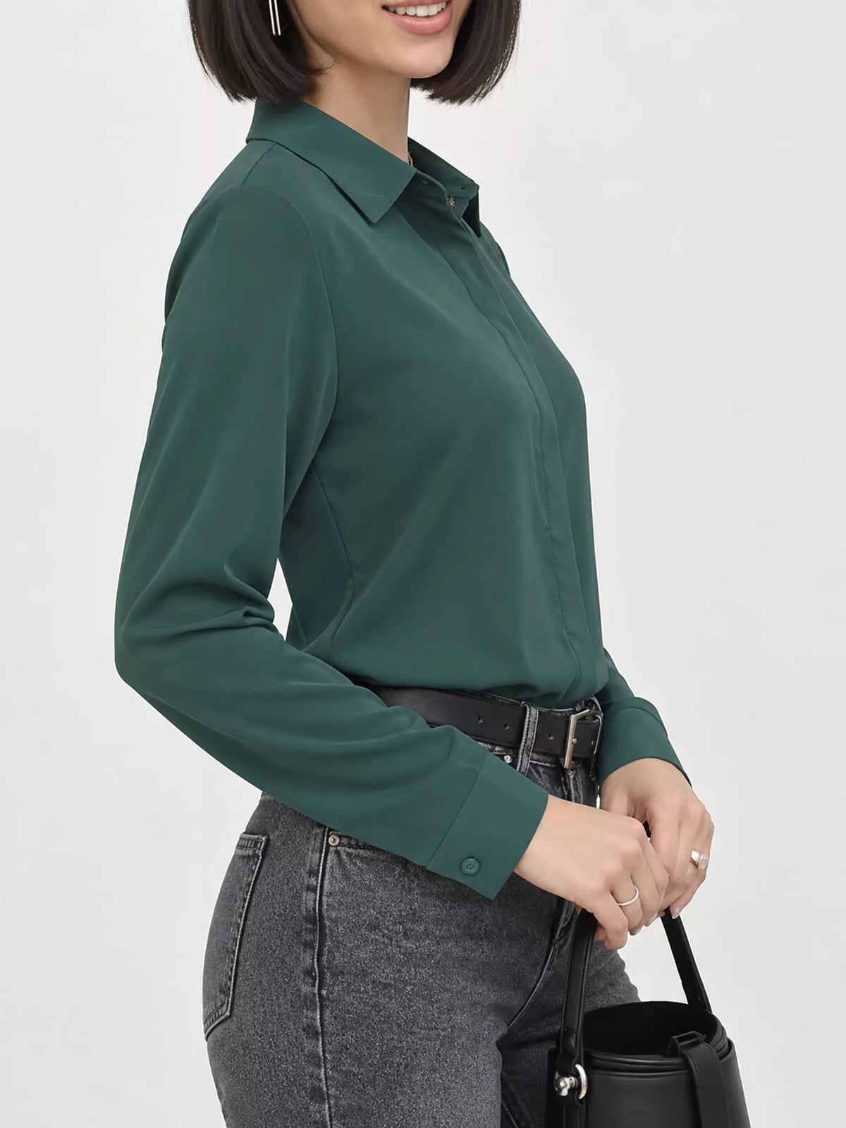 Button Up Long-Sleeve Shirt - Dark Green - View 72