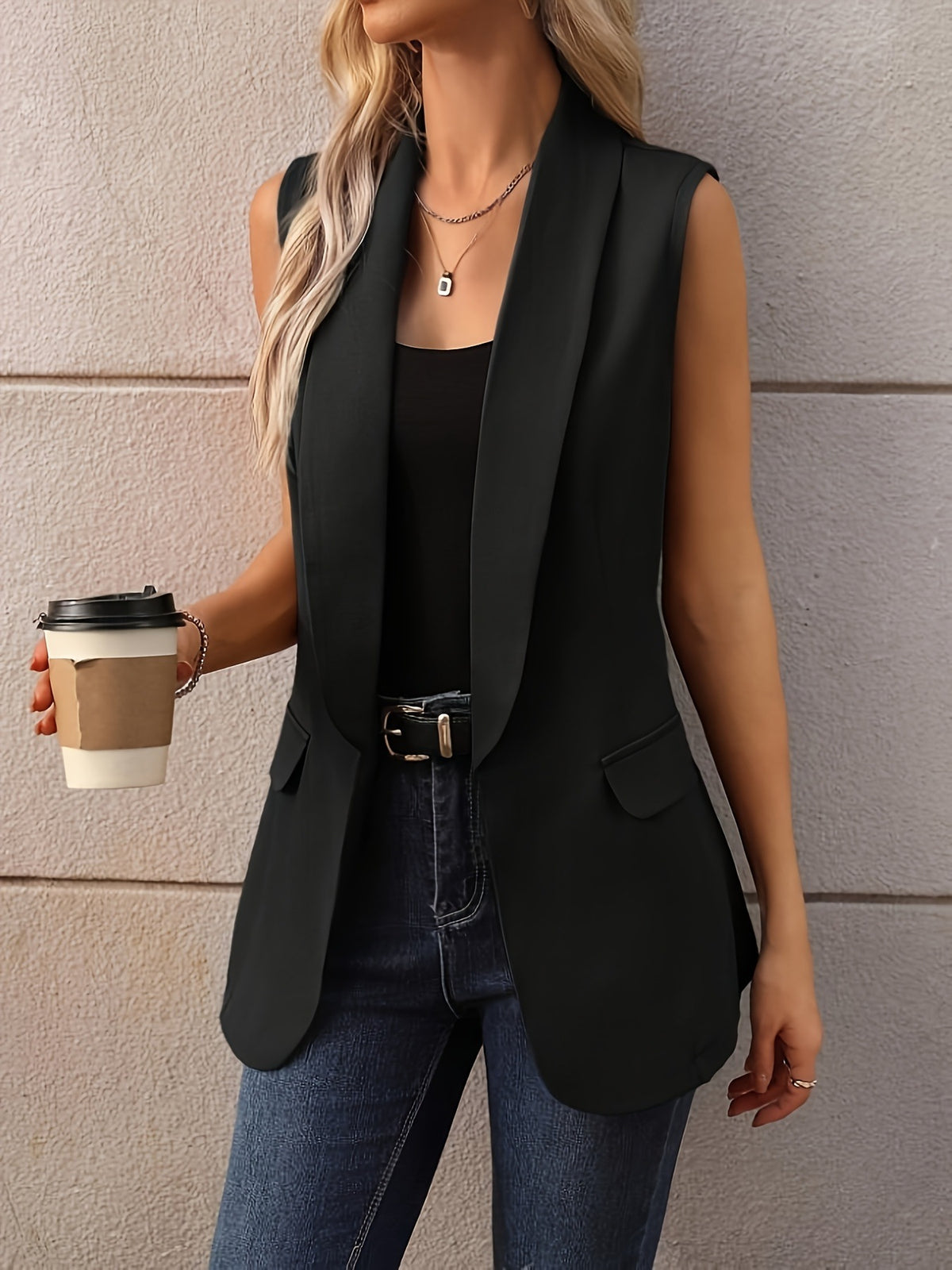 Sleeveless Shawl Collar Vest Coat - Black - View 8