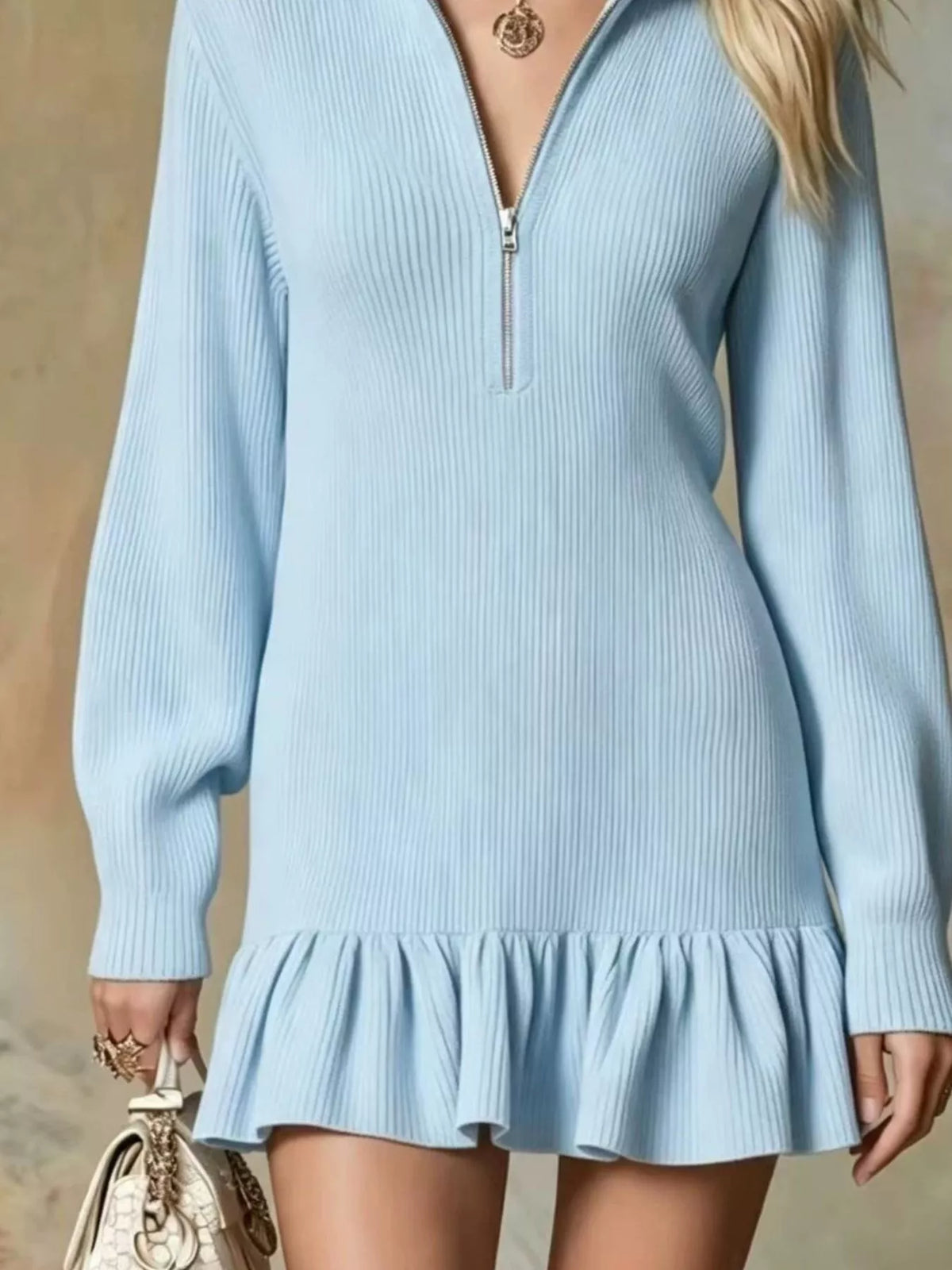 Ruffle Hem Half Zip Dress - Light Blue - View 3