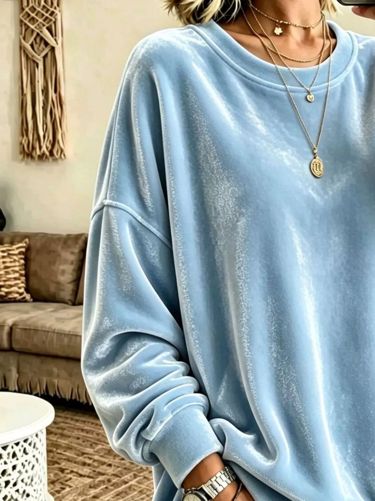 Full Size Solid Color Crew Neck Sweatshirt Plus Size - Light Blue - View 10