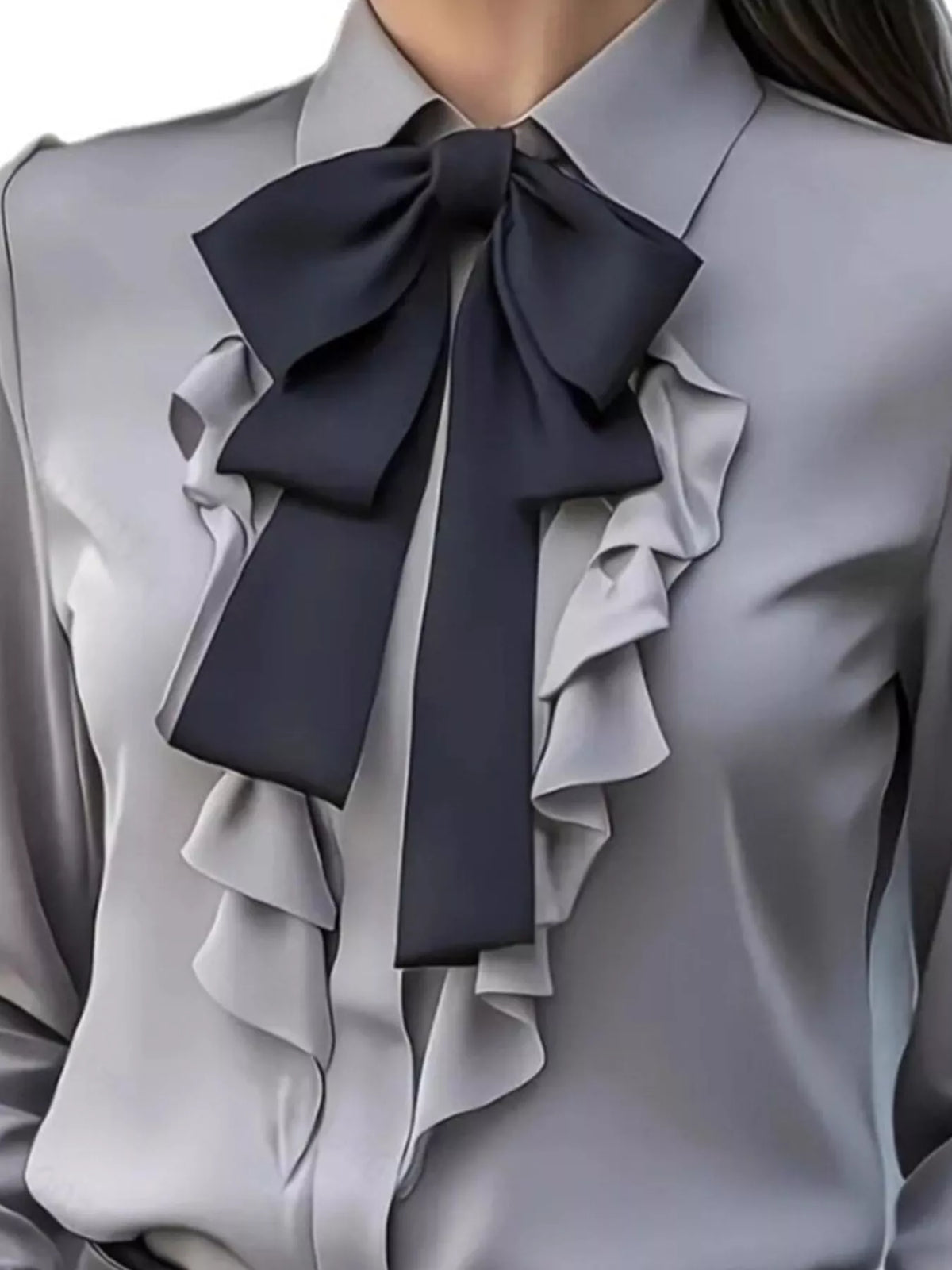Ruffled Tie Front Long Sleeve Blouse - Gray - View 5