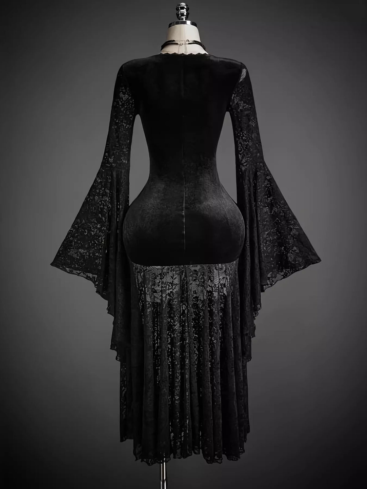 Lace V-Neck Flare Sleeve Dress - Black - View 3
