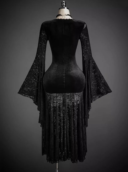 Lace V-Neck Flare Sleeve Dress - Black - View 3